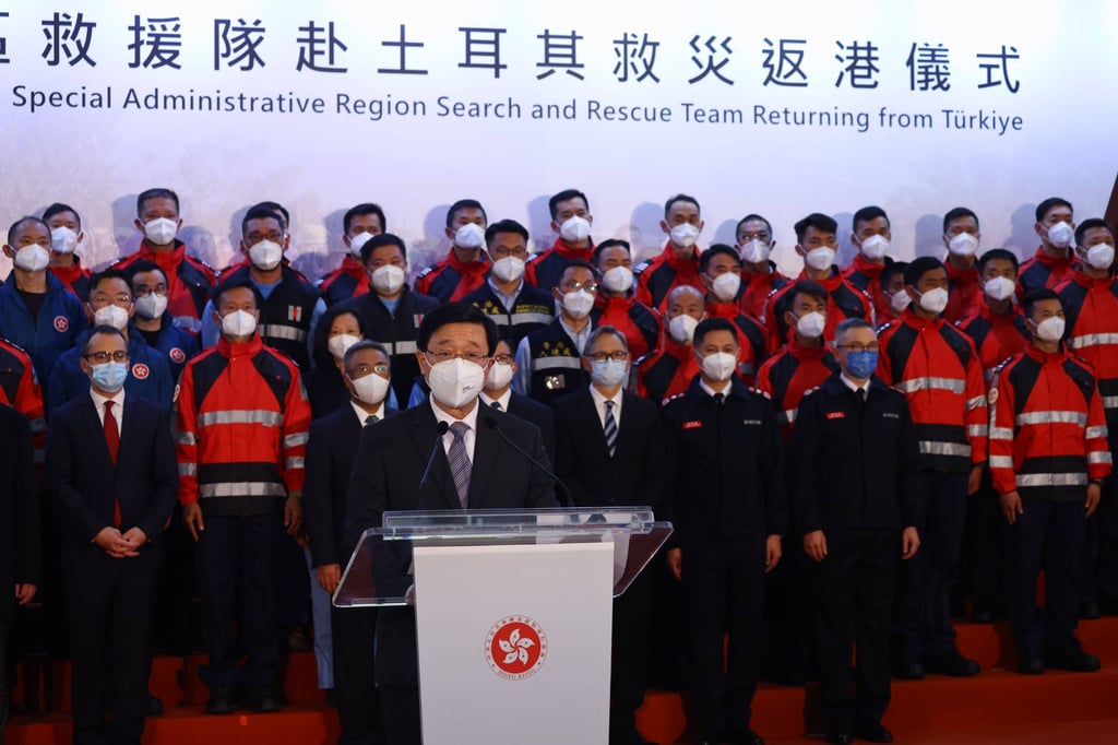 Chief Executive John Lee at the airport to welcome the Hong Kong mercy mission to earthquake-stricken Turkey. Photo: Dickson Lee Chief Executive John Lee at the airport to welcome the Hong Kong mercy mission to earthquake-stricken Turkey. Photo: Dickson Lee