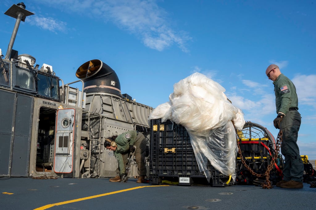 Sailors prepare material recovered off the coast of South Carolina from the downing of a Chinese high-altitude balloon for transport to the FBI. Photo: US Navy via AP Sailors prepare material recovered off the coast of South Carolina from the downing of a Chinese high-altitude balloon for transport to the FBI. Photo: US Navy via AP
