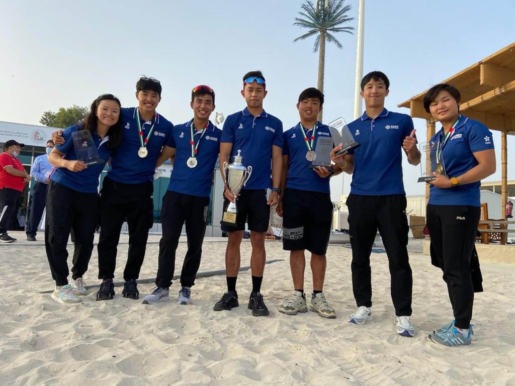 Hong Kong windsurfers (right to left) Ma Kwan-Ching, Cheng Ching-yin, Au Ling-yeung, Michael Cheng Chun-leung, Yeung Lok, Rafeek Kikabhoy, and Ngai Wai-yan. Photo: Handout