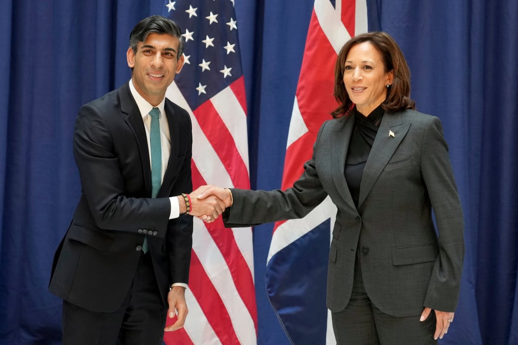 US Vice-President Kamala Harris, right, and British Prime Minister Rishi Sunak at the Munich Security Conference in Munich, Germany on Saturday. Photo: AP