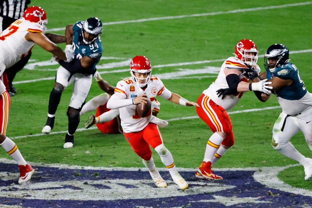 Kansas City Chiefs quarterback Patrick Mahomes, centre, scrambles for a first down in the fourth quarter of Super Bowl LVII against the Philadelphia Eagles at Arizona’s State Farm Stadium on February 12, 2023. Budget shopping app Temu was one of the youngest brands to air an advertisement during Super Bowl Sunday. Photo: Tribune News Service Kansas City Chiefs quarterback Patrick Mahomes, centre, scrambles for a first down in the fourth quarter of Super Bowl LVII against the Philadelphia Eagles at Arizona’s State Farm Stadium on February 12, 2023. Budget shopping app Temu was one of the youngest brands to air an advertisement during Super Bowl Sunday. Photo: Tribune News Service