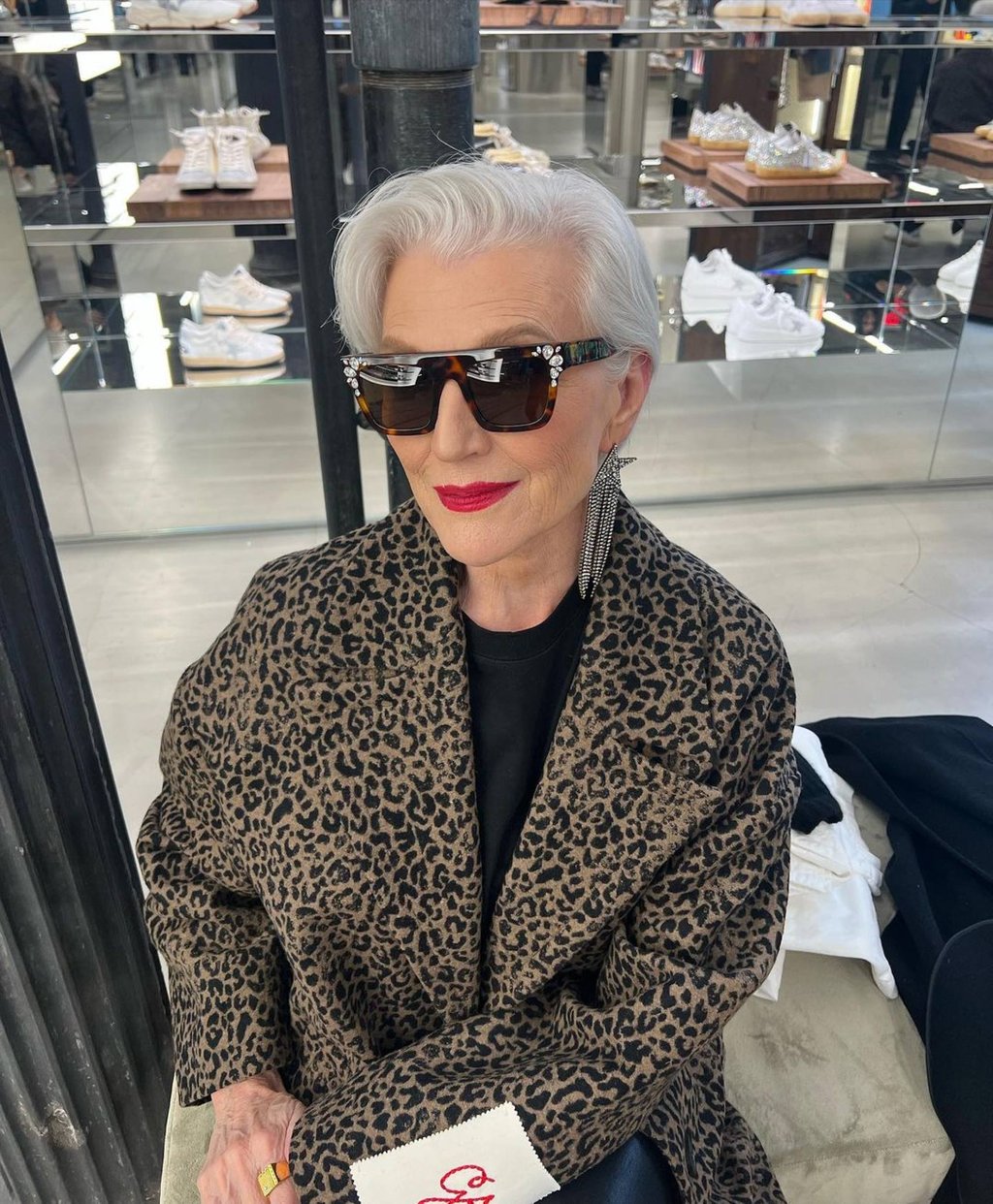 Maye Musk wears a leopard print coat by Golden Goose. Photo: @mayemusk/Instagram