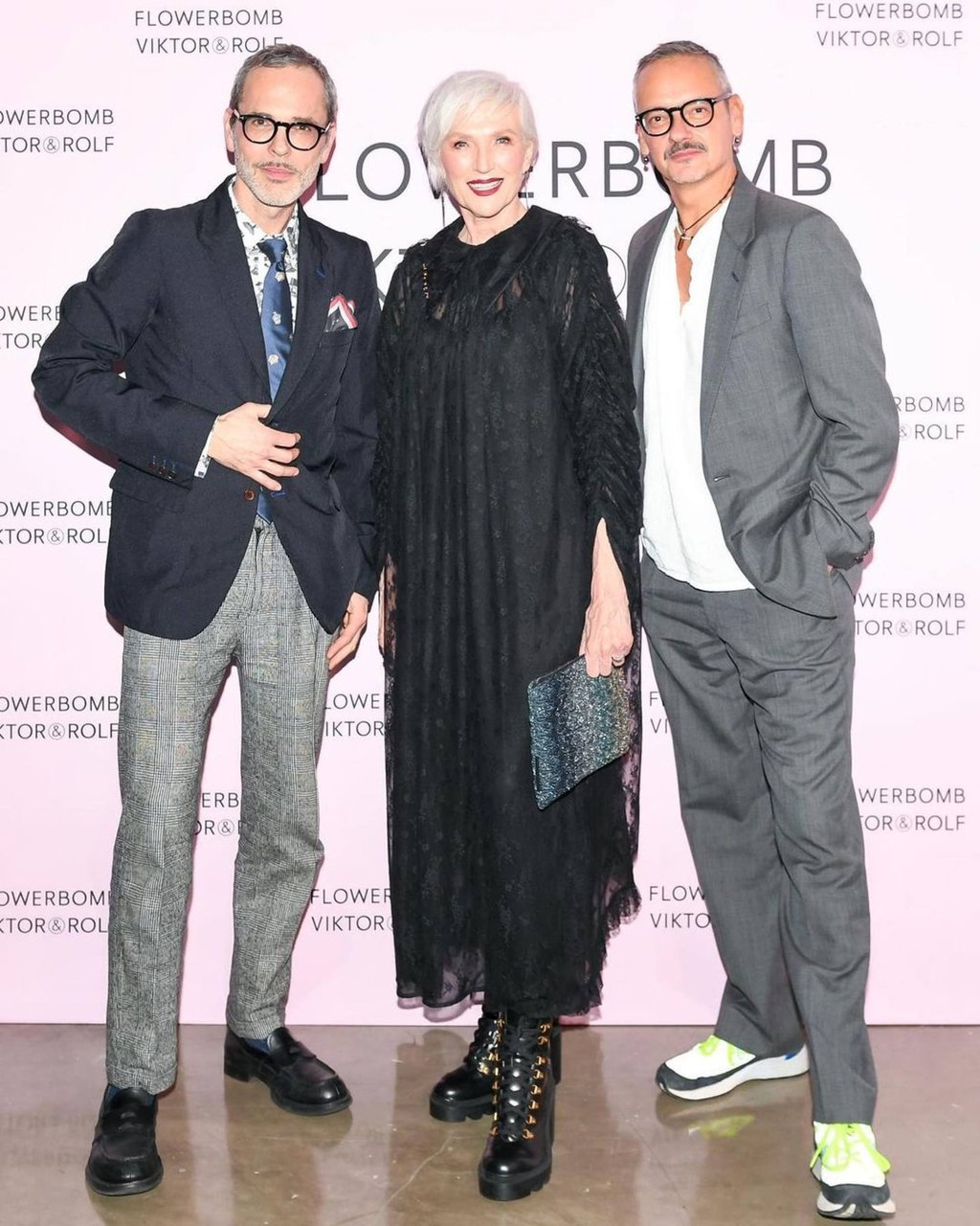 Maye Musk poses with designers Viktor Horsting and Rolf Snoeren of their eponymous brand, Viktor & Rolf. Photo: @mayemusk/Instagram