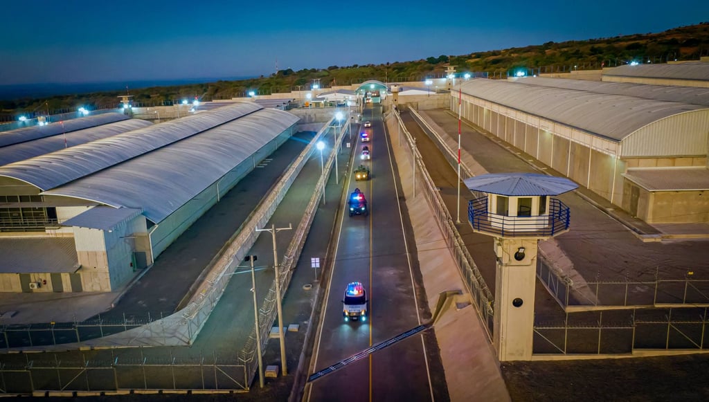 El Salvador’s new mega prison is seen in Tecoluca, southeast of San Salvador, on Friday. Photo by Salvadorean Presidency via AFP El Salvador’s new mega prison is seen in Tecoluca, southeast of San Salvador, on Friday. Photo by Salvadorean Presidency via AFP