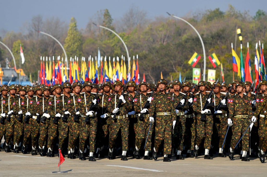Members of the Myanmar military march at a parade ground to mark the country’s Independence Day in Naypyidaw on January 4, 2023. Photo: AFP