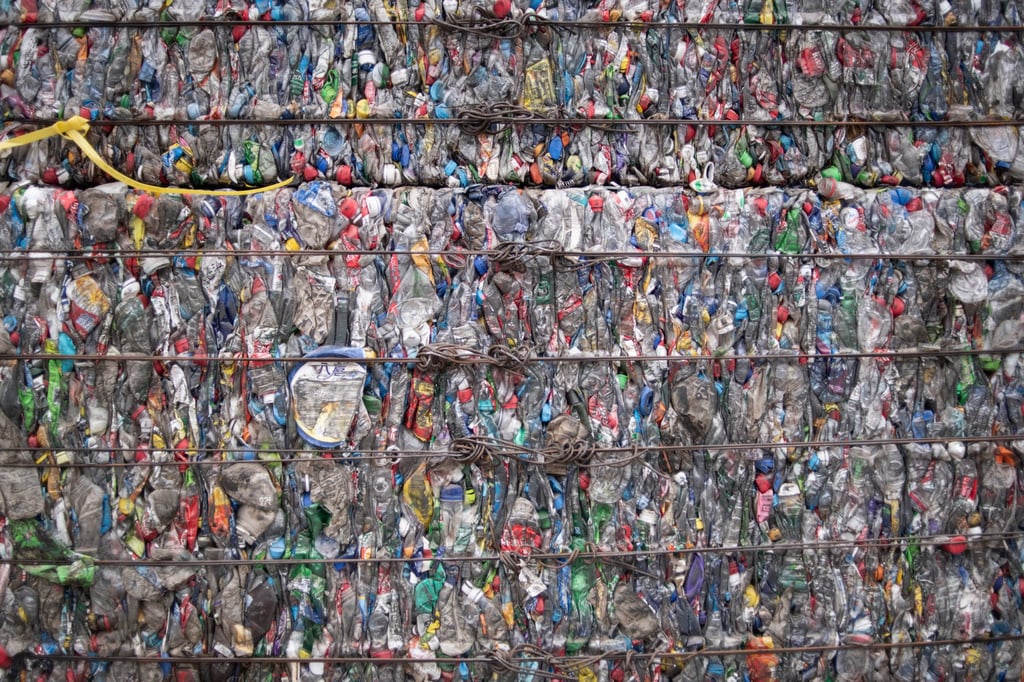 A block of compressed plastic bottles at a plastic waste centre on the outskirts of Beijing on May 16, 2018. Photo: AFP A block of compressed plastic bottles at a plastic waste centre on the outskirts of Beijing on May 16, 2018. Photo: AFP