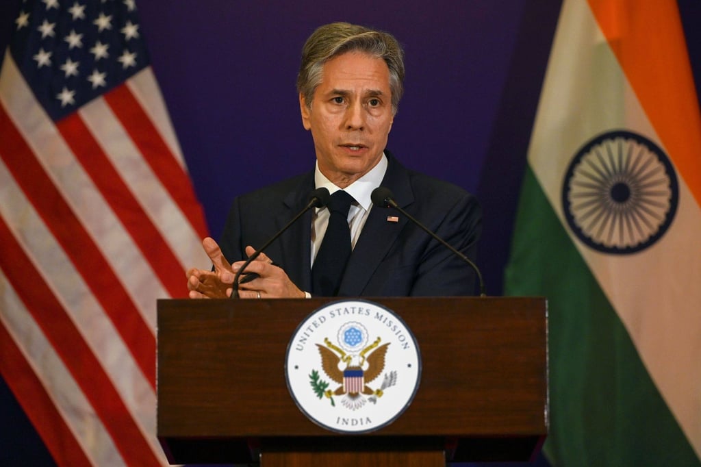 US Secretary of State Antony Blinken during a news conference at the US embassy in New Delhi on Thursday. Photo: Bloomberg