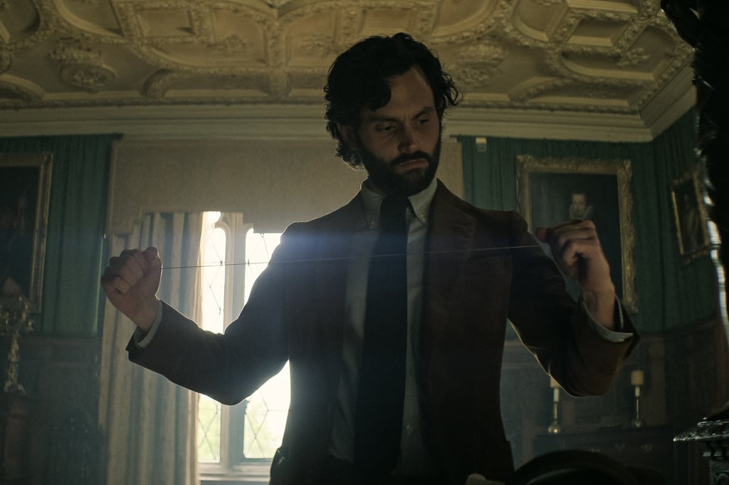 Penn Badgley as Joe, in his bedroom at Hampsie (real-life Knebworth House), in a still from You. Photo: Netflix
