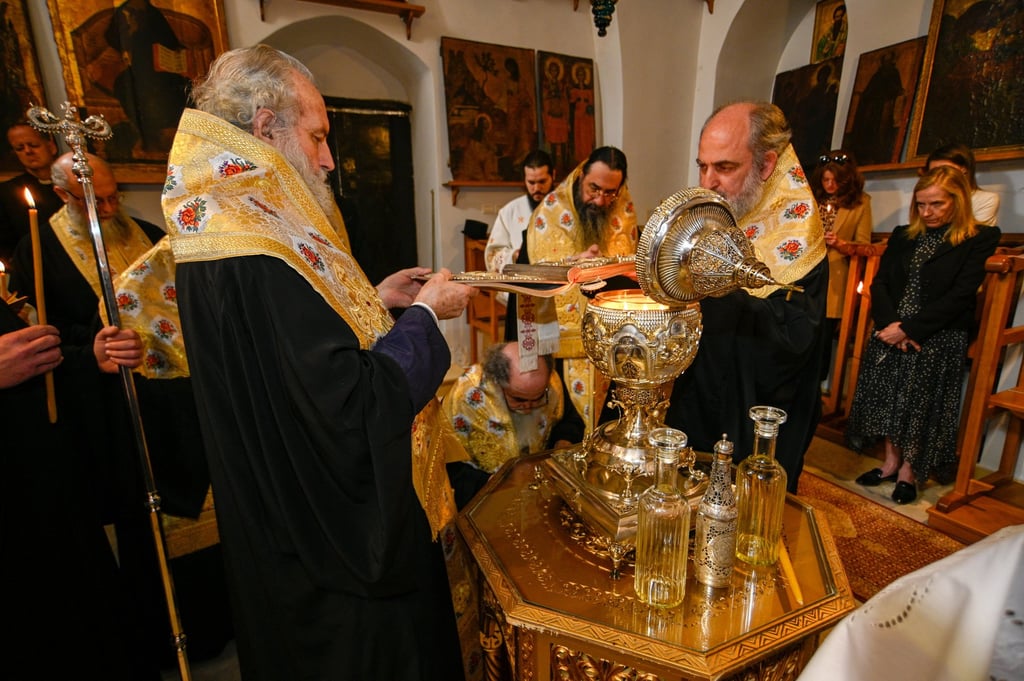 Oils from the Mount of Olives are mixed in Jerusalem on Friday to make chrism oil, in preparation for the coronation of Britain’s King Charles on May 6. Photo: Patriarchate of Jerusalem / Buckingham Palace / Handout via Reuters