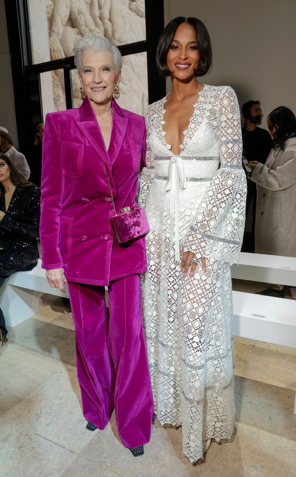 Maye Musk, left, and Ciara pose for photographers at the Elie Saab autumn/winter 2023-24 ready-to-wear collection presented on March 4, in Paris. Photo: AP