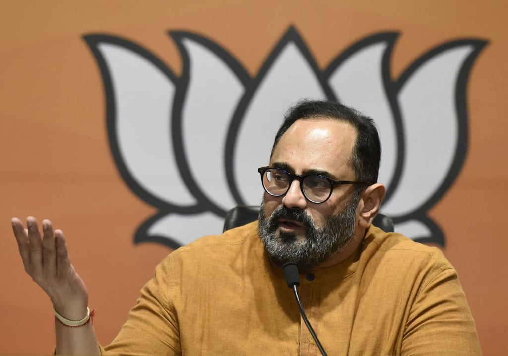 Rajeev Chandrasekhar, India’s Union Minister of State for Electronics and Information Technology addresses a press conference in New Delhi on September 22, 2021. Photo: Hindustan Times via Getty Images