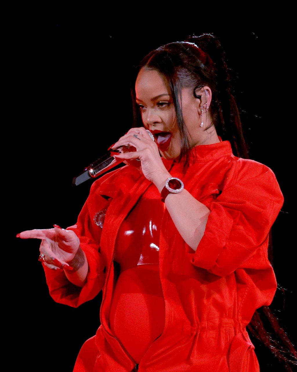 Rihanna sporting a signature all-red outfit with a Jacob & Co. Brilliant Northern Lights. Photo: Jacob & Co