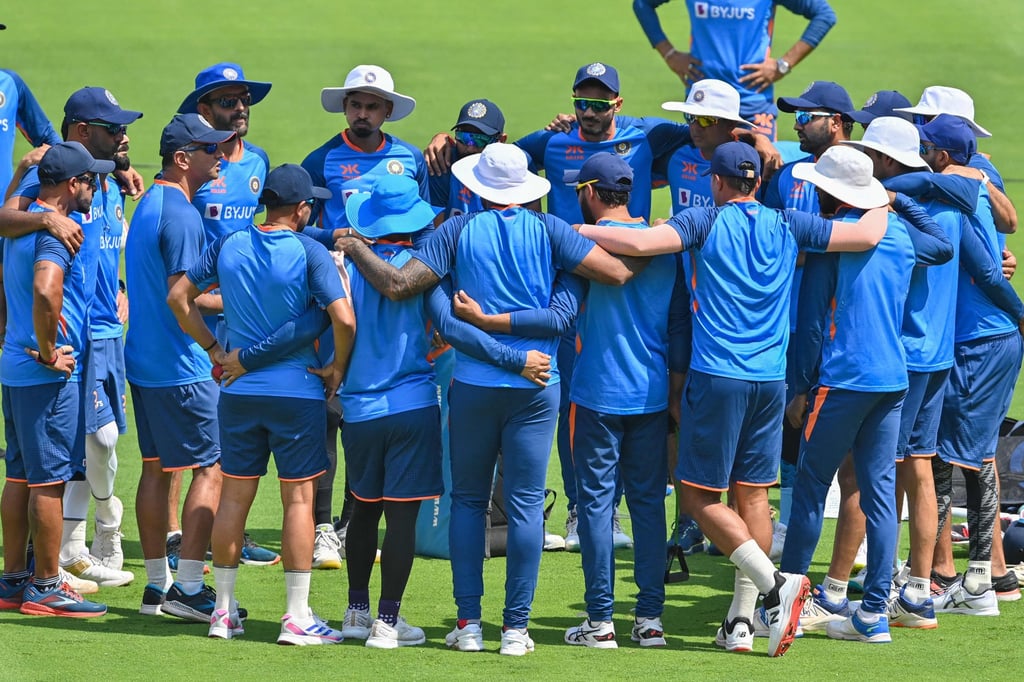 India’s players stand in a huddle during a training session at the Narendra Modi stadium in Ahmedabad on Tuesday, ahead of their fourth and final Test cricket match against Australia. Photo: AFP