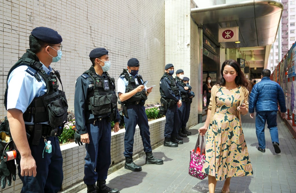 Police officers in Wan Chai, the proposed starting point for the women’s rights event which was called off on Saturday. Photo: Sam Tsang