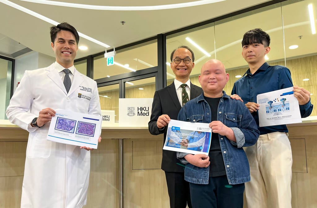 (Left to right) Dr Jaime Sou Rosa Duque, of HKU’s paediatrics department of paediatrics; Lau Yu-lung, HKU’s chair professor of paediatrics; Jesse Liao, the first Hong Kong patient found with a gene mutation that triggers eczema, and Daniel Leung, a research postgraduate student at the university’s medical faculty. Photo: Sammy Heung (Left to right) Dr Jaime Sou Rosa Duque, of HKU’s paediatrics department of paediatrics; Lau Yu-lung, HKU’s chair professor of paediatrics; Jesse Liao, the first Hong Kong patient found with a gene mutation that triggers eczema, and Daniel Leung, a research postgraduate student at the university’s medical faculty. Photo: Sammy Heung