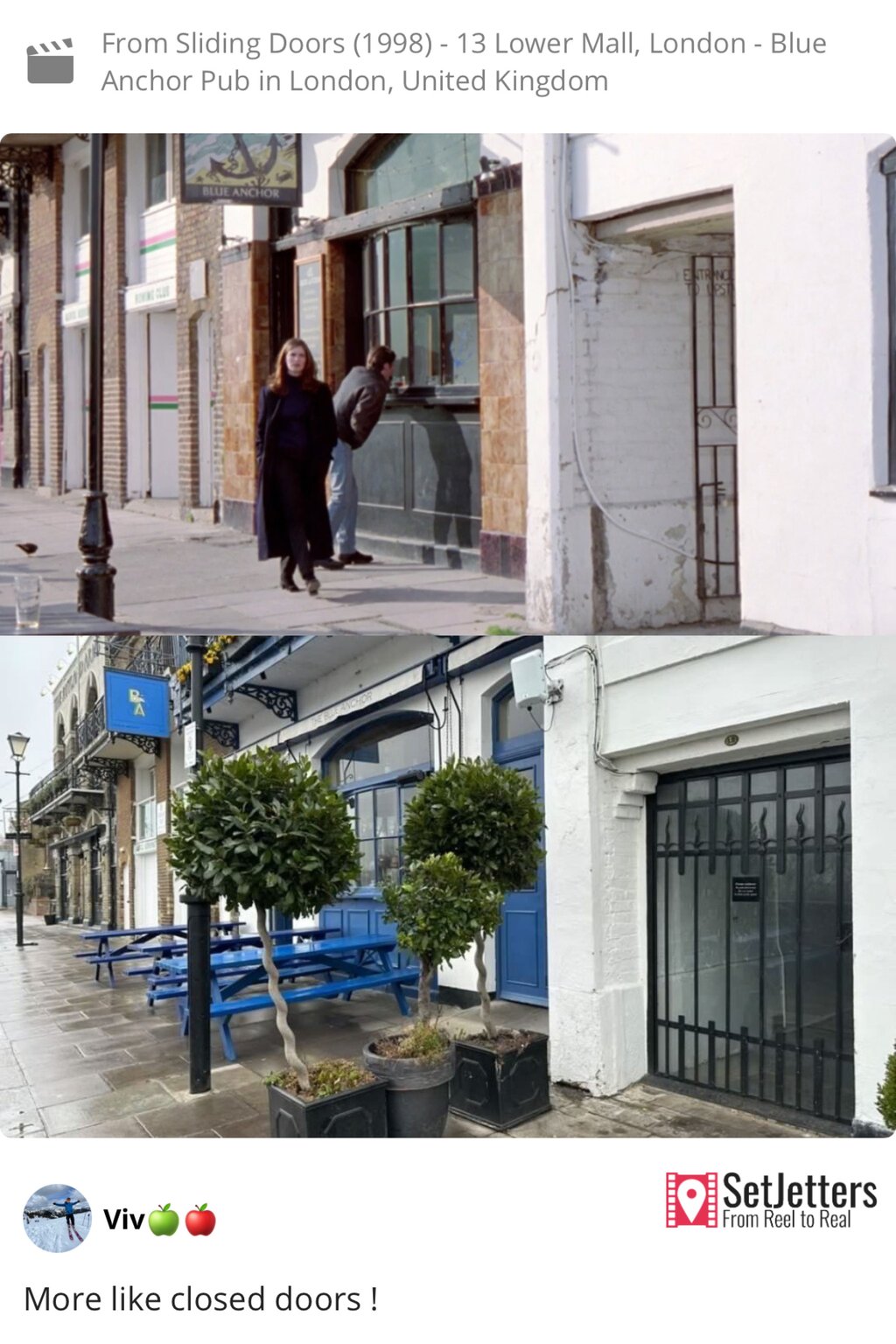 A Sliding Doors scene outside the Blue Anchor Pub in Hammersmith, London. Photos: Paramount / SetJetters