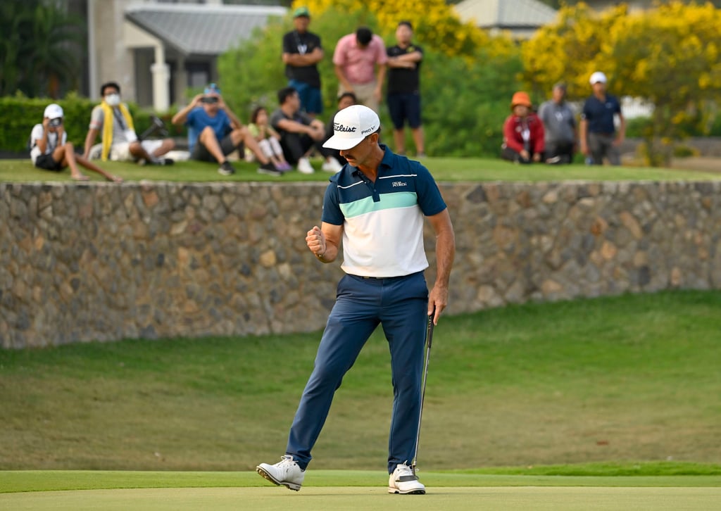 Wade Ormsby celebrates making a birdie during the final round of the International Series Thailand at Black Mountain Golf Club. Photo: Asian Tour.