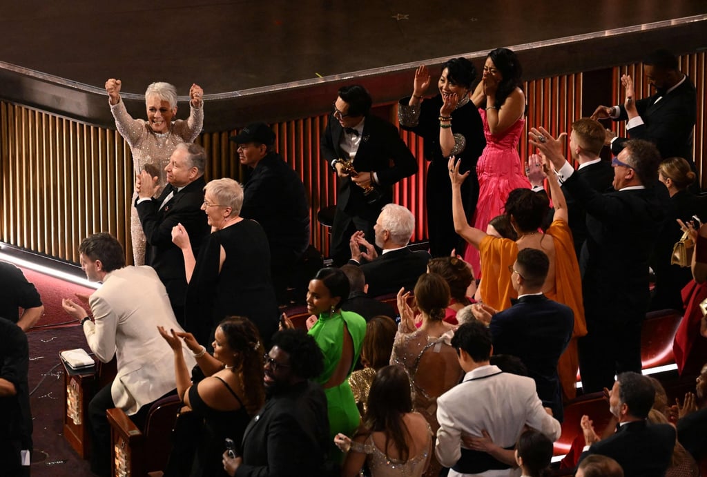 US actress Jamie Lee Curtis (left) celebrates after “Everything Everywhere All at Once” won the Oscar for best picture, having earlier won best supporting actress for her role. Photo: AFP US actress Jamie Lee Curtis (left) celebrates after “Everything Everywhere All at Once” won the Oscar for best picture, having earlier won best supporting actress for her role. Photo: AFP