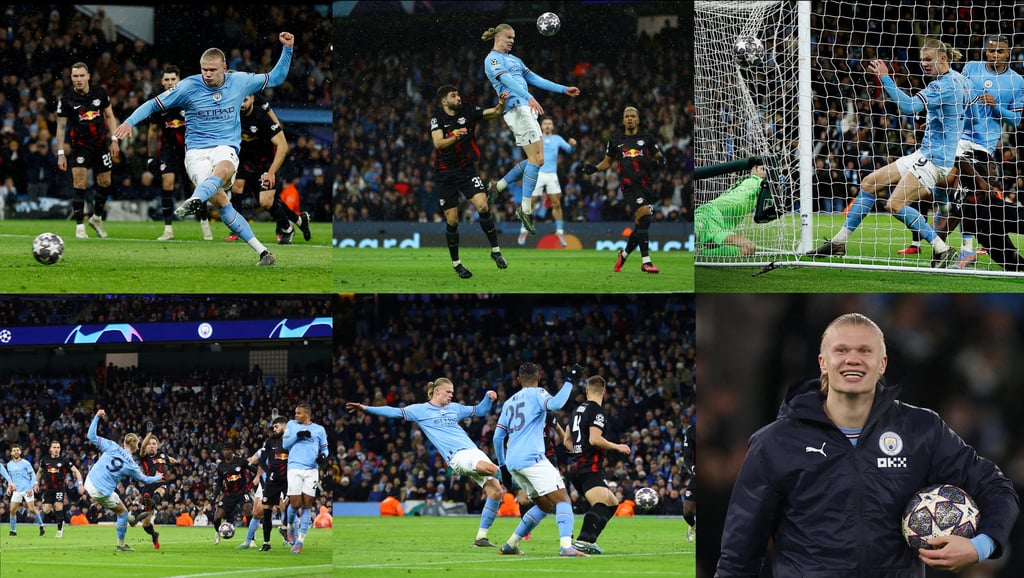 There were five goals for City’s Erling Haaland in the Champions League round-of-16 second leg. Photo: Reuters There were five goals for City’s Erling Haaland in the Champions League round-of-16 second leg. Photo: Reuters