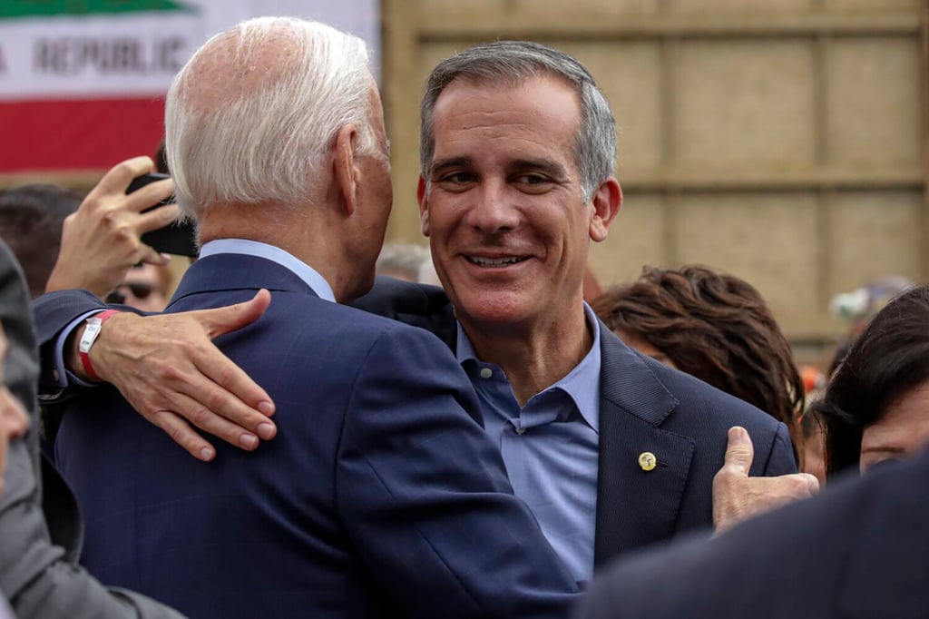 US President Joe Biden (left) embraces Eric Garcetti during a visit to California in October last year. Garcetti endorsed Biden early in the president’s 2020 campaign for the White House. Photo: Los Angeles Times/TNS US President Joe Biden (left) embraces Eric Garcetti during a visit to California in October last year. Garcetti endorsed Biden early in the president’s 2020 campaign for the White House. Photo: Los Angeles Times/TNS