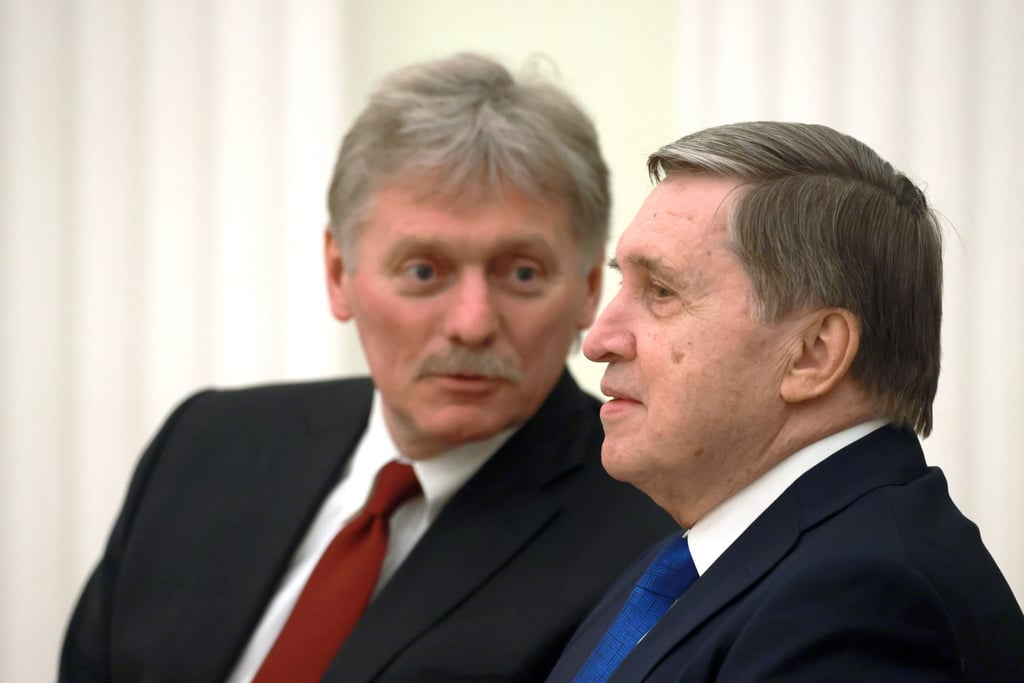 Kremlin spokesman Dmitry Peskov, left, and Kremlin aide Yury Ushakov at the Kremlin in Moscow, Russia on Wednesday. Photo: EPA-EFE / Vladimir Gerdo / Sputnik / Kremlin Pool Kremlin spokesman Dmitry Peskov, left, and Kremlin aide Yury Ushakov at the Kremlin in Moscow, Russia on Wednesday. Photo: EPA-EFE / Vladimir Gerdo / Sputnik / Kremlin Pool