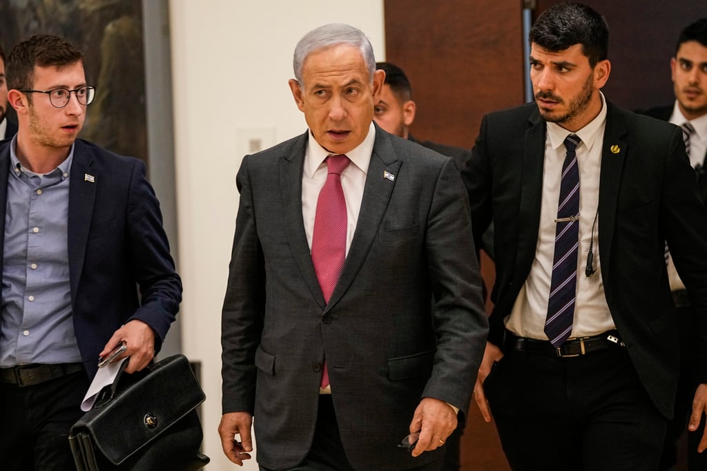 Israel’s Prime Minister Benjamin Netanyahu, centre, at the Knesset, Israel’s parliament, in Jerusalem on Wednesday. Photo: AP