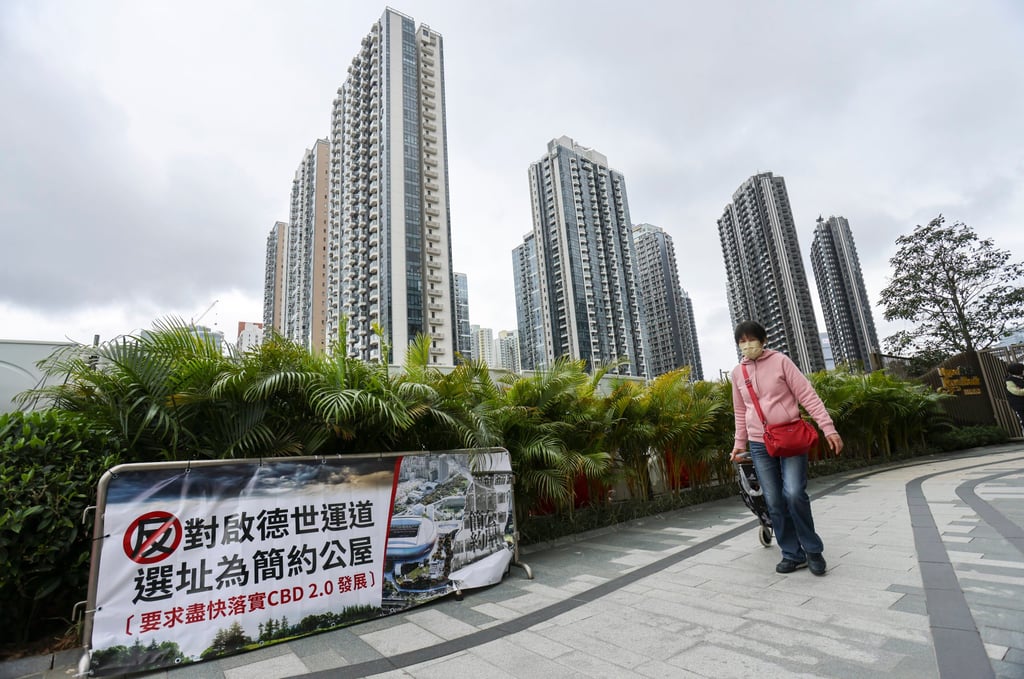 A banner protesting the construction of light public housing in Kai Tak. Photo: May Tse A banner protesting the construction of light public housing in Kai Tak. Photo: May Tse