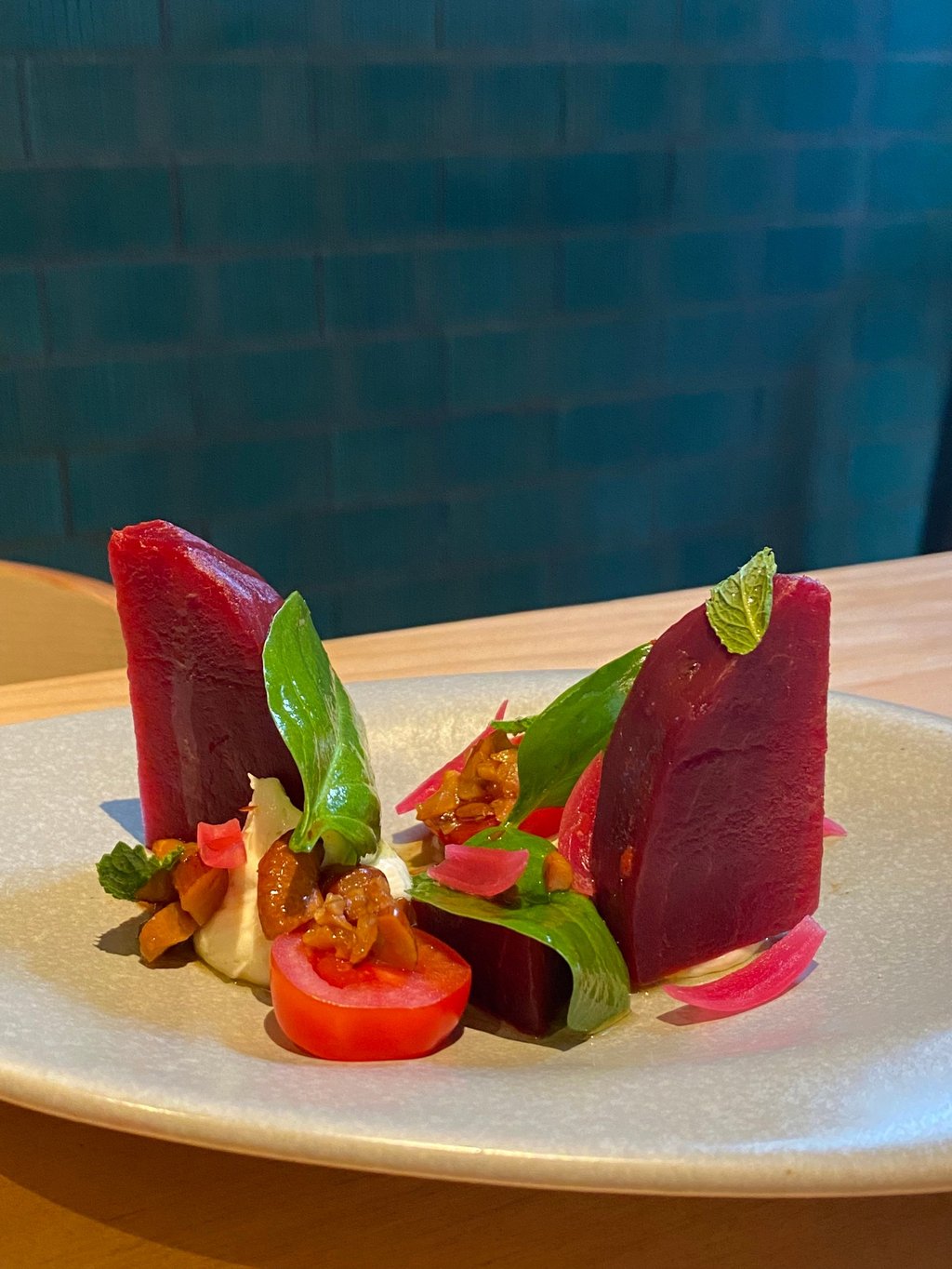 Good enough to eat? Marinated beetroot with baby spinach and pickles.