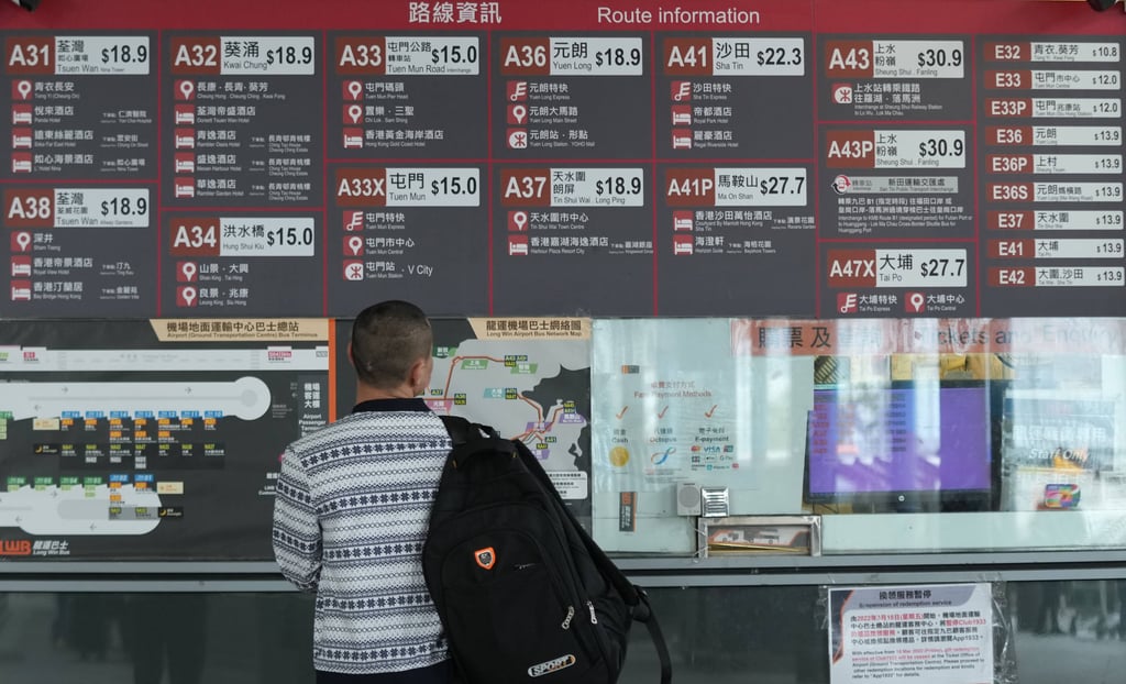 A customer at the Long Win Bus ticket counter at the bus terminal in Hong Kong International Airport. All five franchised bus companies in Hong Kong have applied to bump up their fares. Photo: Sam Tsang A customer at the Long Win Bus ticket counter at the bus terminal in Hong Kong International Airport. All five franchised bus companies in Hong Kong have applied to bump up their fares. Photo: Sam Tsang