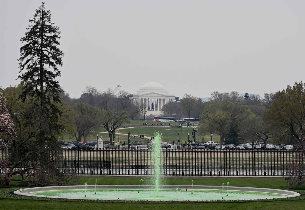 A green fountain on the White House south lawn in honour of St Patrick’s Day on Friday. Photo: AFP