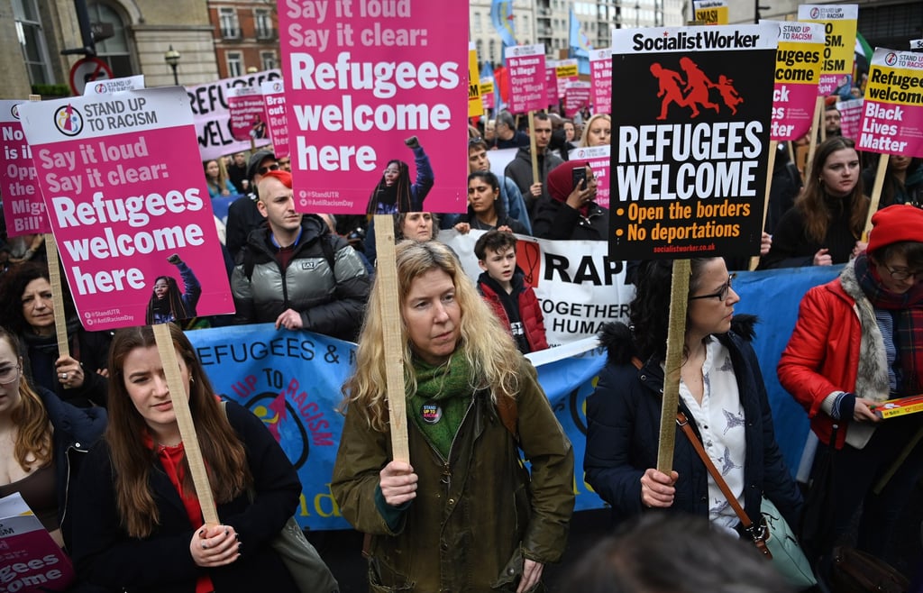 Protesters demonstrate against the UK government’s new Illegal Migration bill during an anti-racism demonstration in London on Saturday. Photo: EPA-EFE