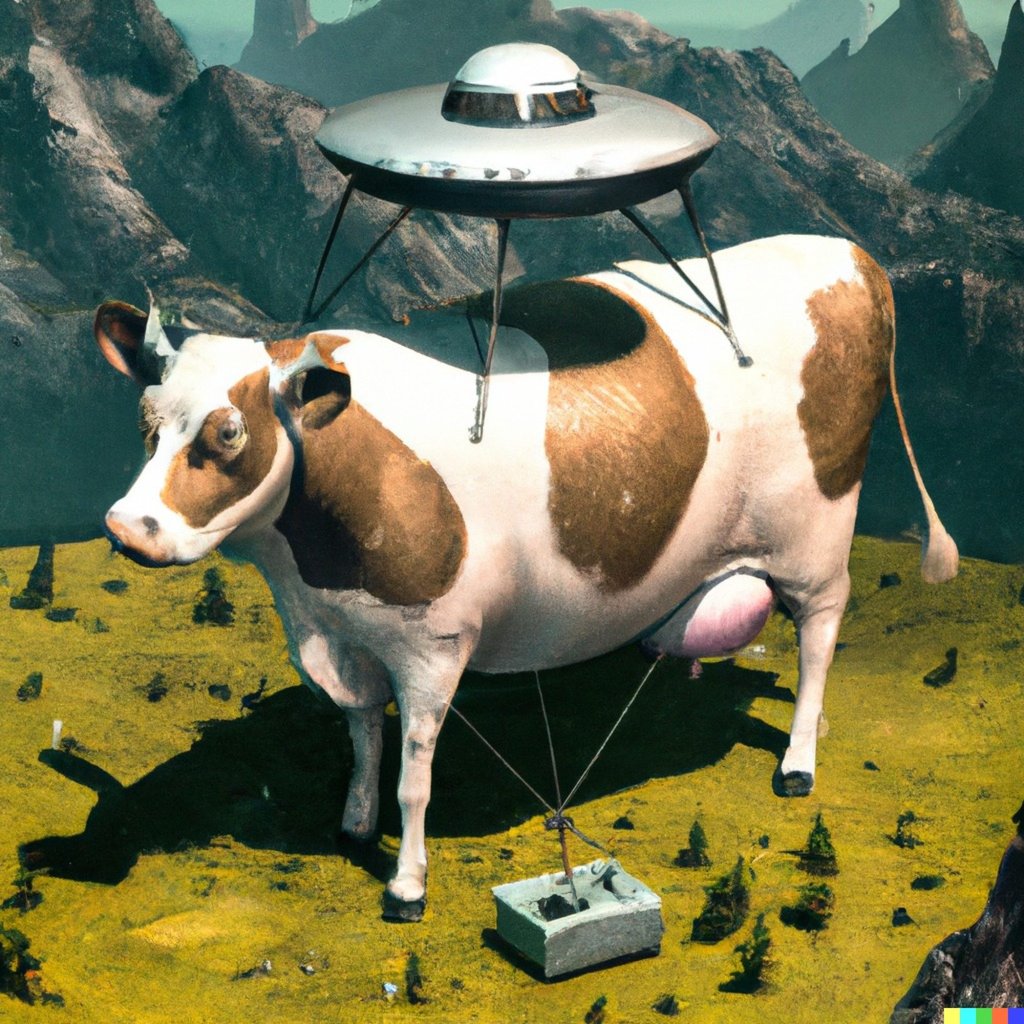 An image generated by Dall-E 2 based on the text prompt “1960s art of cow getting abducted by UFO in Midwest”. Photo: Handout