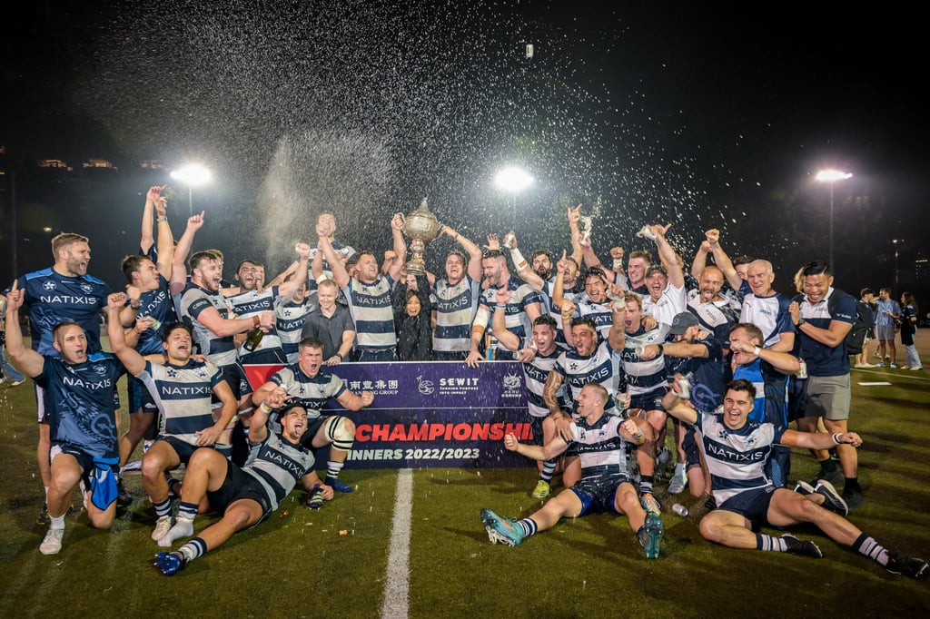 Hong Kong Football Club celebrate their 26-24 win over Valley RFC. Photo: Ike Li/Ike Images