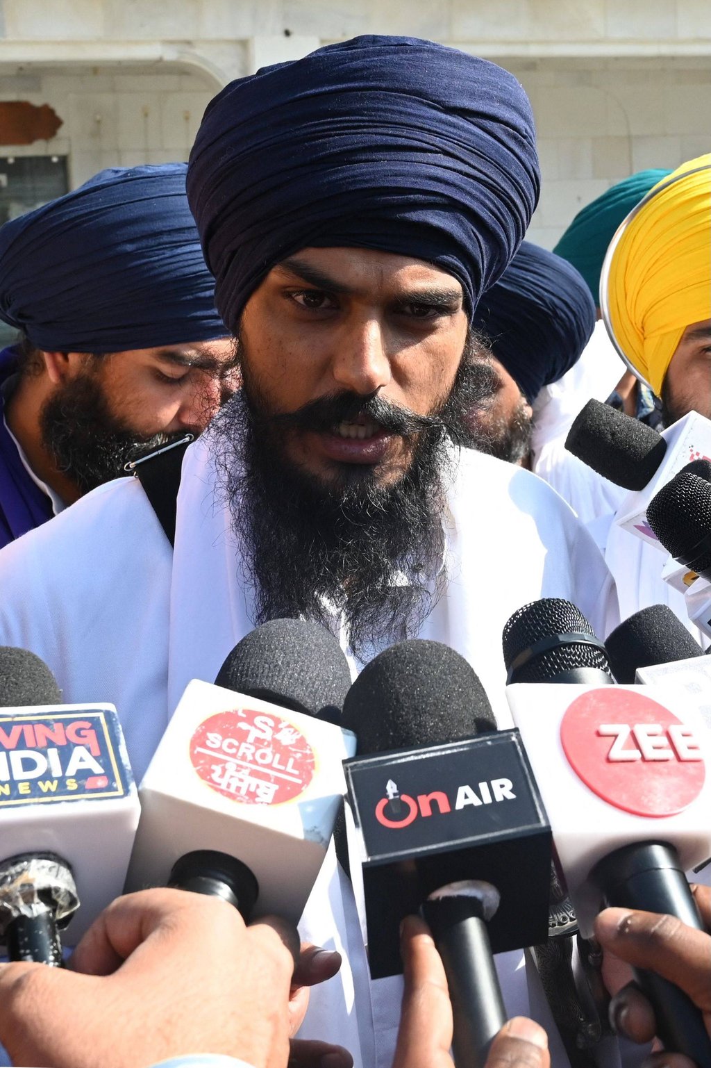 Waris Punjab De chief Amritpal Singh speaks to the media, at the Golden Temple in Amritsar on March 3, 2023. Photo: AFP/File