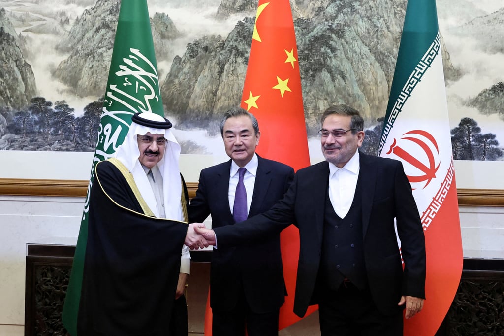 China’s top diplomat Wang Yi (centre) with Saudi Arabia’s national security adviser Musaad bin Mohammed al-Aiban (left) and Ali Shamkhani, secretary of Iran’s Supreme National Security Council, in Beijing on March 10. Photo: China Daily via Reuters China’s top diplomat Wang Yi (centre) with Saudi Arabia’s national security adviser Musaad bin Mohammed al-Aiban (left) and Ali Shamkhani, secretary of Iran’s Supreme National Security Council, in Beijing on March 10. Photo: China Daily via Reuters