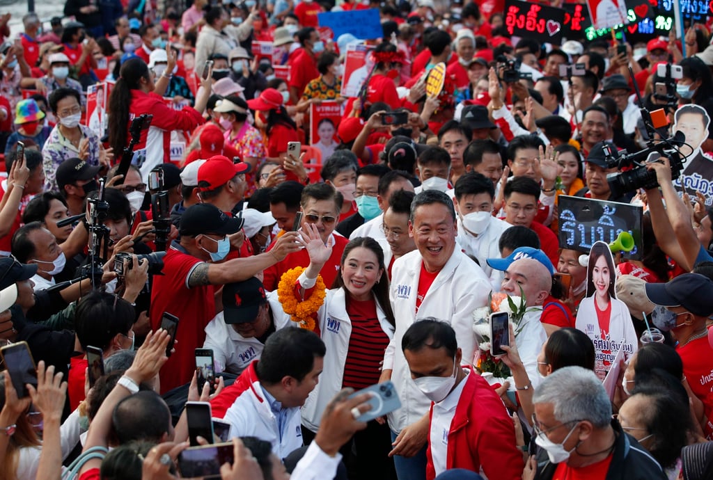 The Shinawatra brand is now fronted by Paetongtarn (middle left), a 36-year-old better known as “Ung-Ing”, who is pregnant with her second child. Photo: EPA-EFE