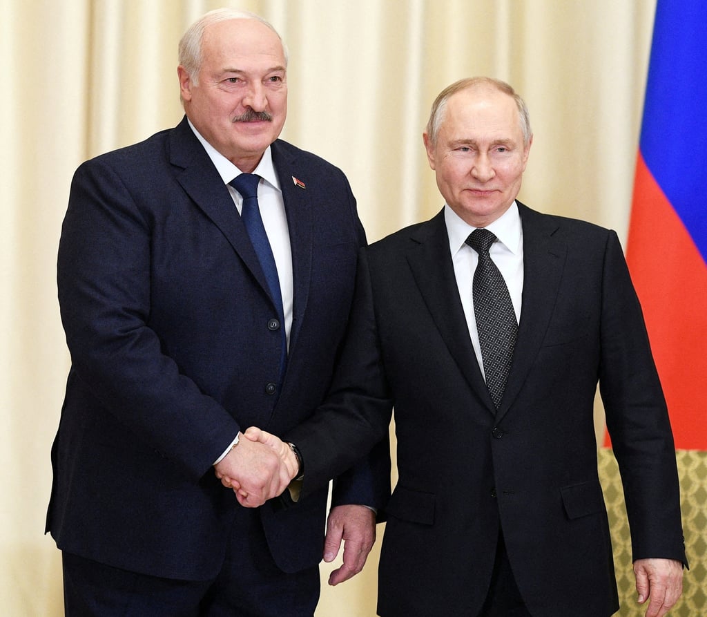 Russian President Vladimir Putin shakes hands with Belarusian President Alexander Lukashenko during a meeting at the Novo-Ogaryovo state residence outside Moscow on February 17, 2023. Photo: Sputnik/Kremlin via Reuters/ File Photo