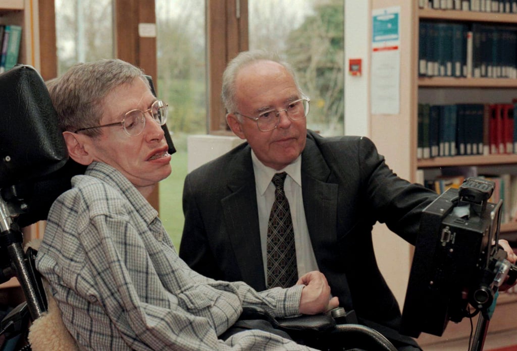 The late physicist Stephen Hawking, left, with Gordon Moore of the Intel Corporation in 1997. Photo: AP