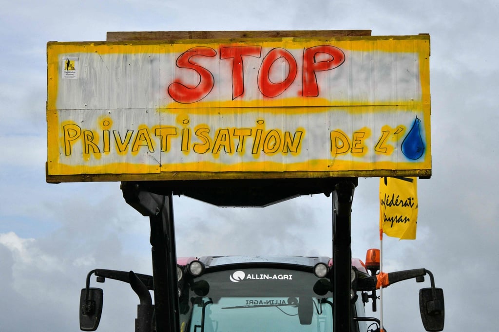 A placard reads “Stop privatising water” during a protest in Sainte-Soline, France, on Saturday. Photo: AFP