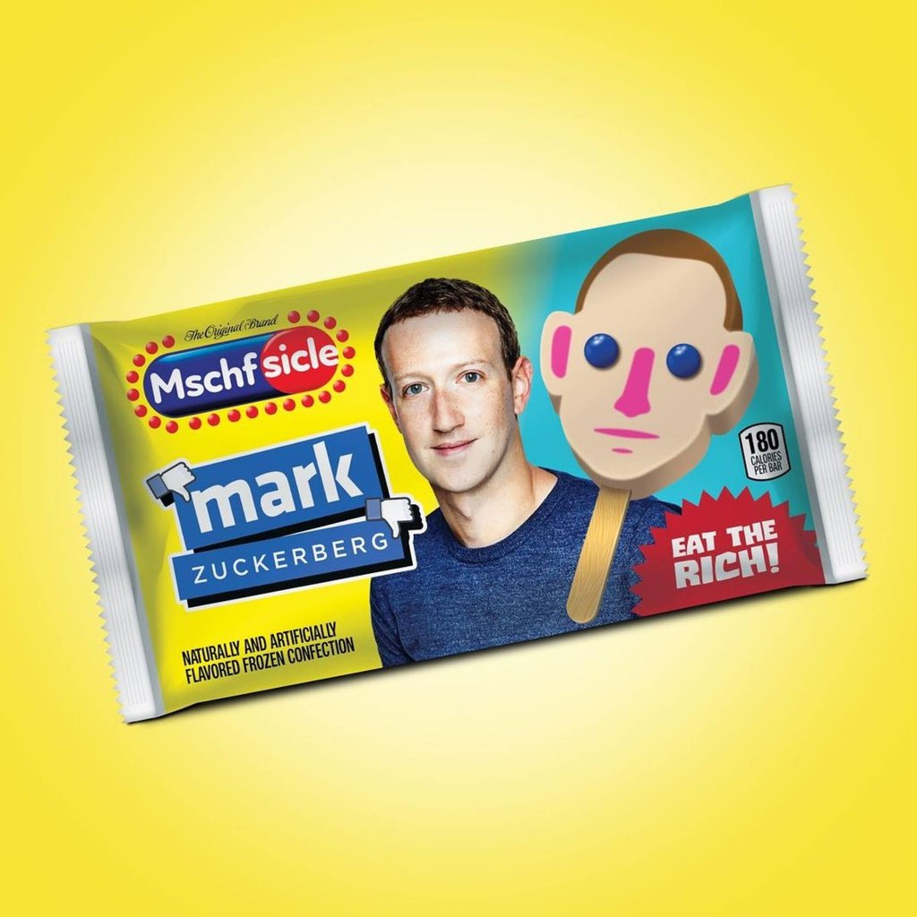 Ever wanted to suck on Mark Zuckerberg’s face? Now you can, thanks to MSCHF’s range of Eat the Rich popsicles. Photo: @mschf/Instagram Ever wanted to suck on Mark Zuckerberg’s face? Now you can, thanks to MSCHF’s range of Eat the Rich popsicles. Photo: @mschf/Instagram