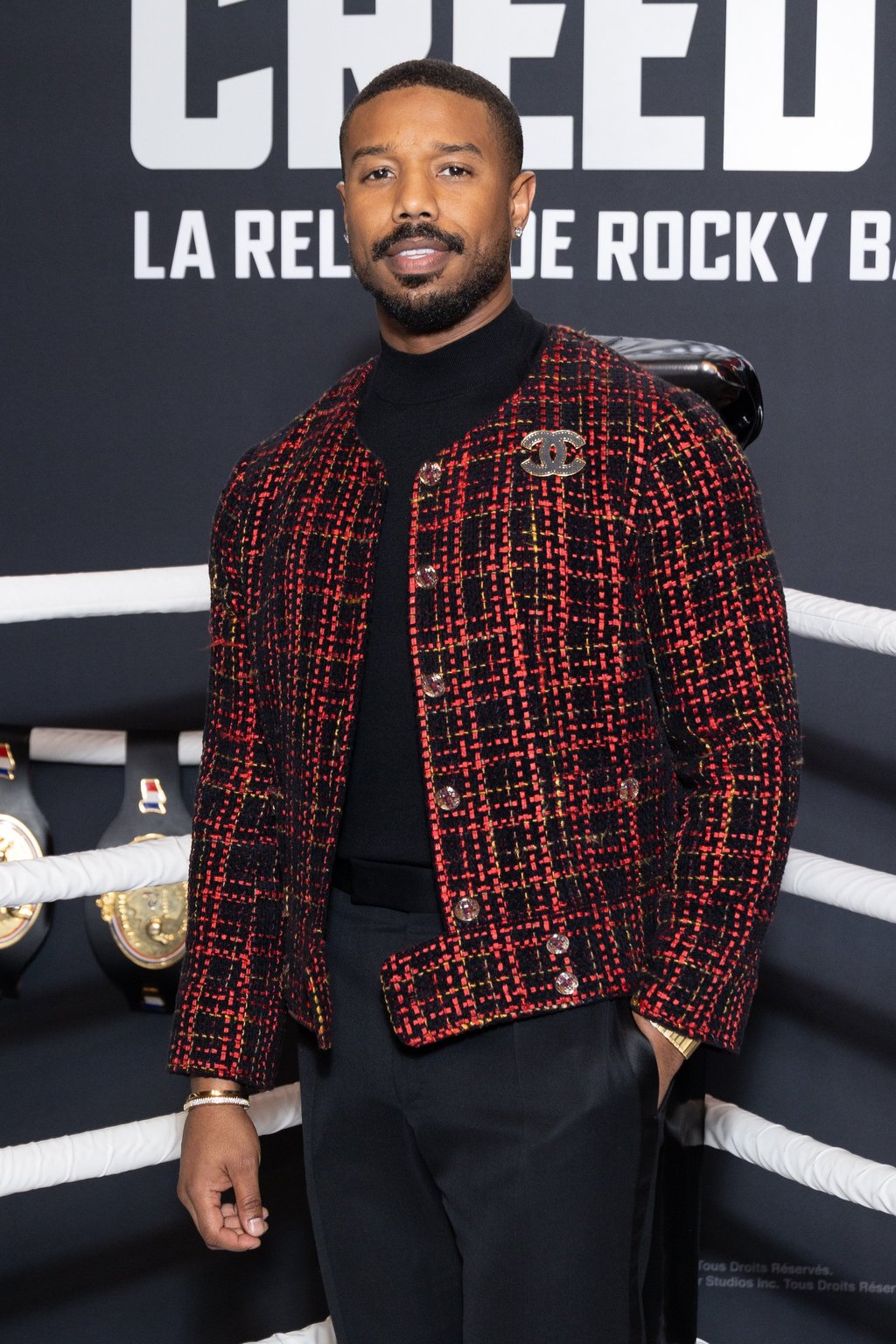 Jordan in Chanel at the Creed III photo call on February 13, 2023 in Paris, France. Photo: Getty Images Jordan in Chanel at the Creed III photo call on February 13, 2023 in Paris, France. Photo: Getty Images