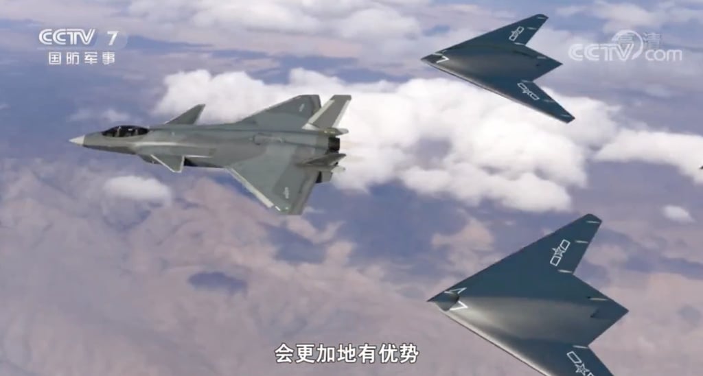 A J-20 leads stealth attack drones in a computer-generated graphic shown on state television in October. Photo: CCTV