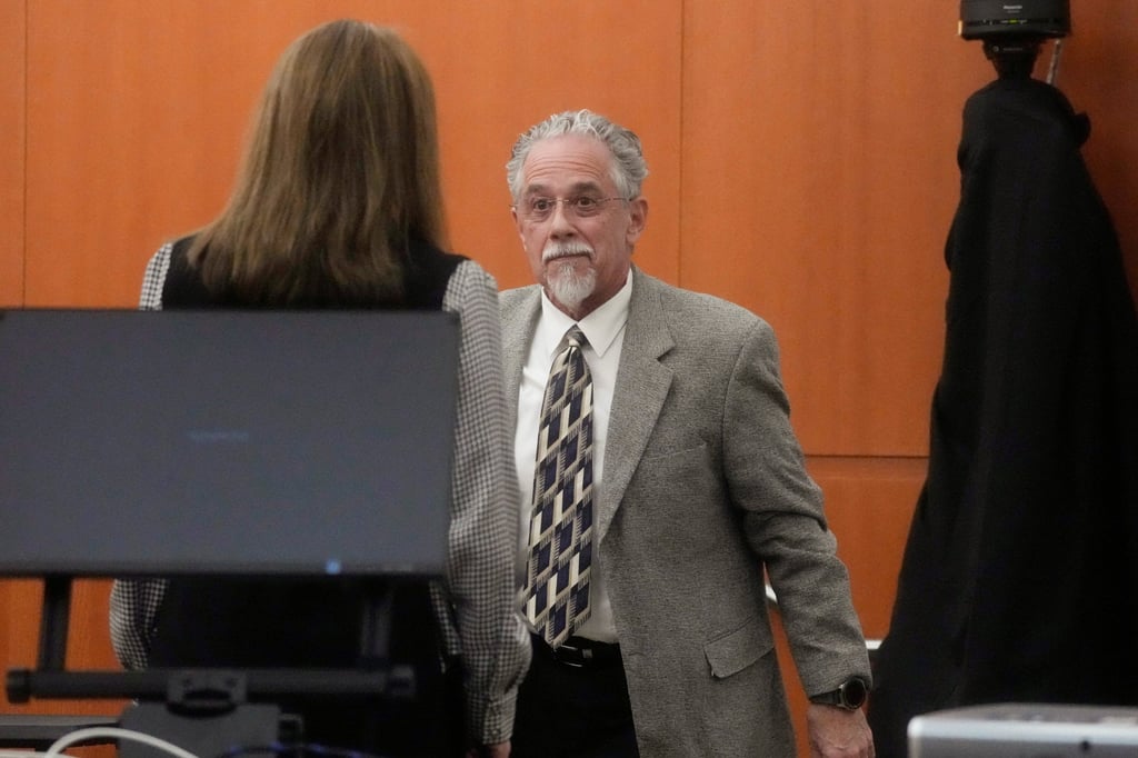 Terry Sanderson, the Utah man suing Gwyneth Paltrow, steps out of the witness box as his lawyers try to clarify his height for jurors in the courtroom in Park City, Utah, on Wednesday. Photo: Reuters