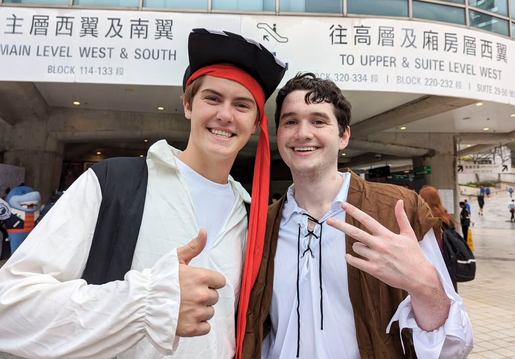 Student Hugh Smith (left) with friend Ben Halpein at the Hong Kong Stadium. Photo: Kahon Chan