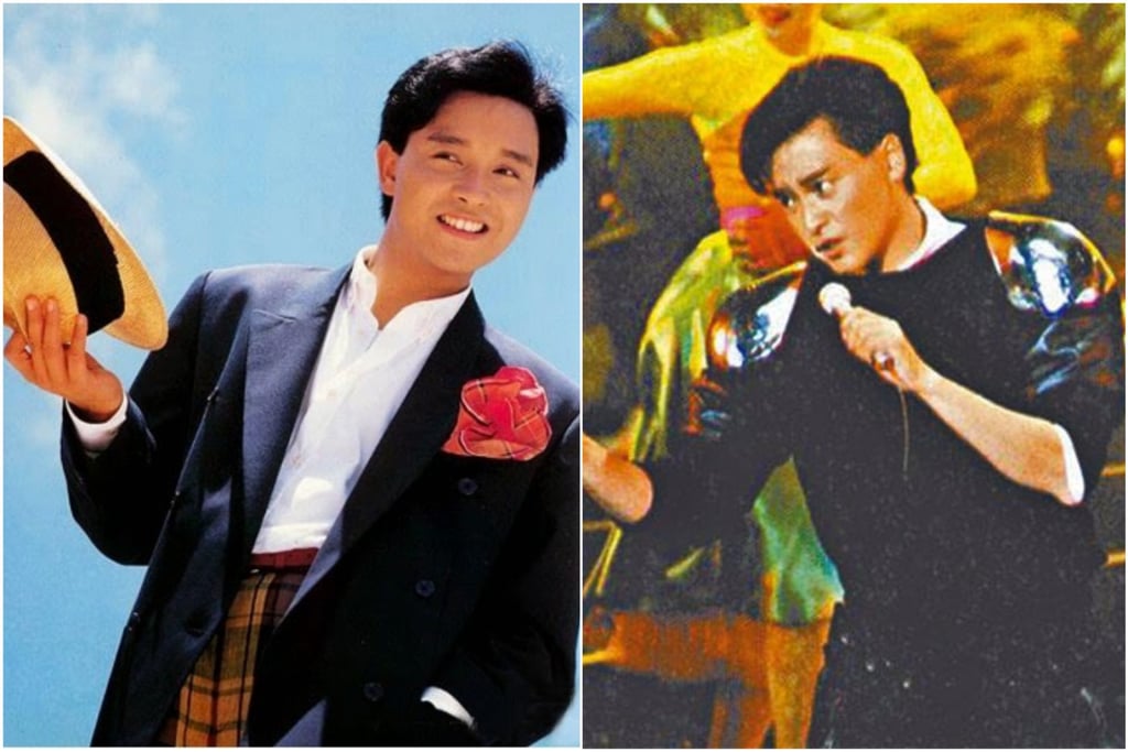 Leslie Cheung in a fedora-hat look with a Kenzo suit and red pocket square for the album Fortunate to Have You (left) and an avant-garde jumper with alloy armour on the shoulders during the award presentation ceremony in 1985. Photo: Handout