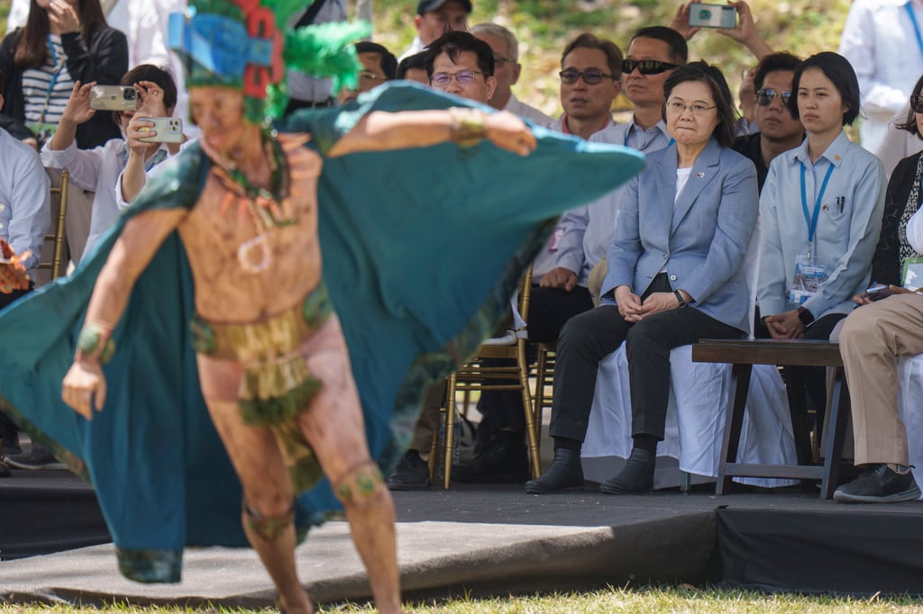Taiwan’s President Tsai Ing-wen, right centre, watches a performance during a visit to the Mayan site Tikal, in Peten, Guatemala on Saturday. Photo: AP Taiwan’s President Tsai Ing-wen, right centre, watches a performance during a visit to the Mayan site Tikal, in Peten, Guatemala on Saturday. Photo: AP