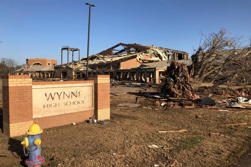 Damage at Wynne High school in Wynne, Arkansas on Saturday. Photo: AP