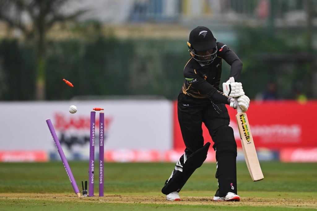 Tornadoes captain Stefanie Taylor is bowled by Falcons’ Marizanne Kapp at Kowloon Cricket Club in the 2023 FairBreak Invitational. Photo: FairBreak Invitational