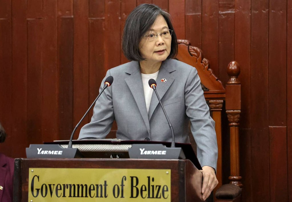 Taiwanese President Tsai Ing-wen delivering a speech to the National Assembly Chamber in Belmopan, Belize, on Monday. Photo: Belize Government / AFP Taiwanese President Tsai Ing-wen delivering a speech to the National Assembly Chamber in Belmopan, Belize, on Monday. Photo: Belize Government / AFP