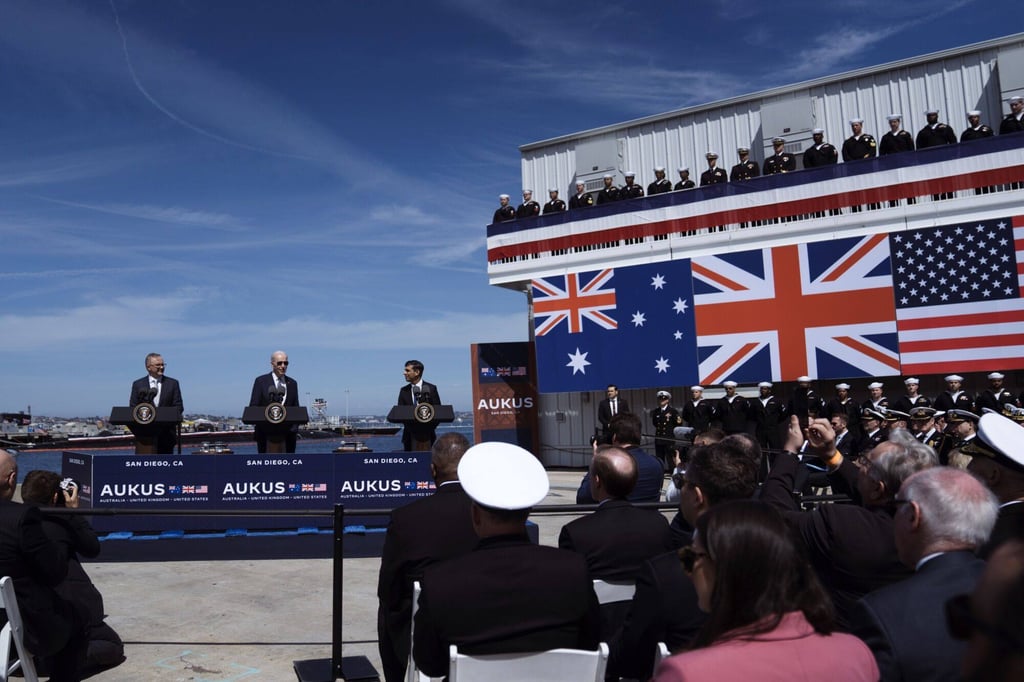 Australian Prime Minister Anthony Albanese, US President Joe Biden and UK Prime Minister Rishi Sunak announce details of the Aukus submarine pact in California last month. Photo: Bloomberg Australian Prime Minister Anthony Albanese, US President Joe Biden and UK Prime Minister Rishi Sunak announce details of the Aukus submarine pact in California last month. Photo: Bloomberg
